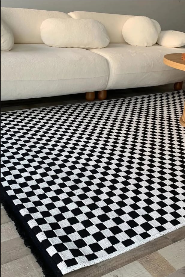 DAMA DESEN YIKANABİLİR BEYAZ ŞÖNİL KİLİM