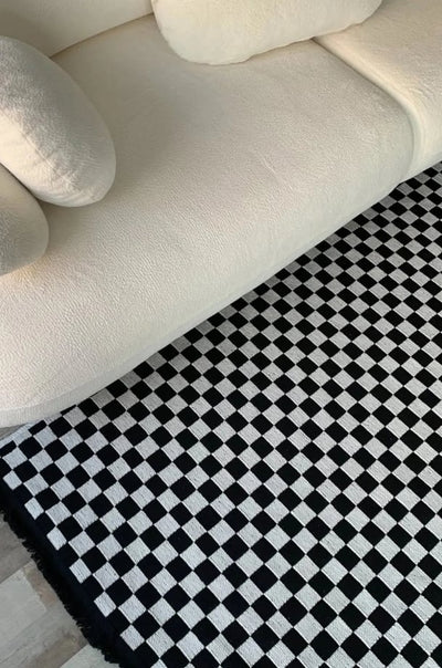 DAMA DESEN YIKANABİLİR BEYAZ ŞÖNİL KİLİM