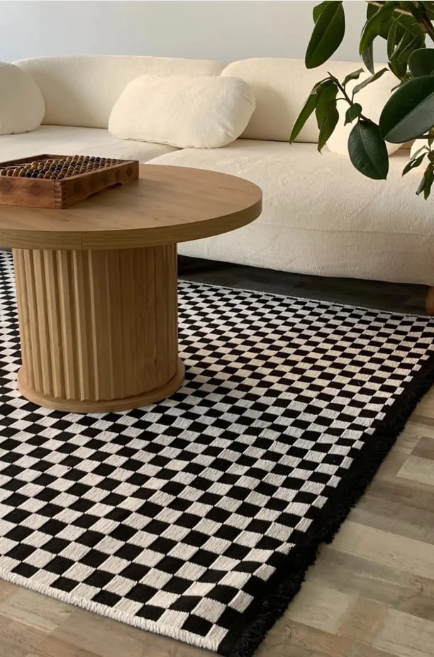 DAMA DESEN YIKANABİLİR BEYAZ ŞÖNİL KİLİM