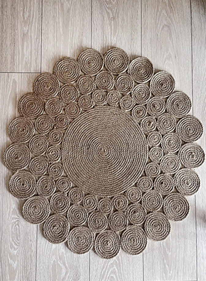 3lü Yuvarlak Motifli Papatya Dekoratif Modern Jüt Hasır Kilim RGD006