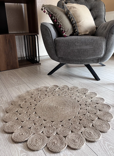 3lü Yuvarlak Motifli Papatya Dekoratif Modern Jüt Hasır Kilim RGD006