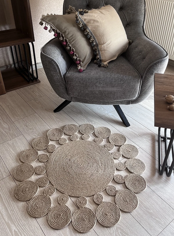 Natural Sisal 2li Yuvarlak Motifli Papatya Dekoratif Modern Jüt Hasır Kilim RGD0010