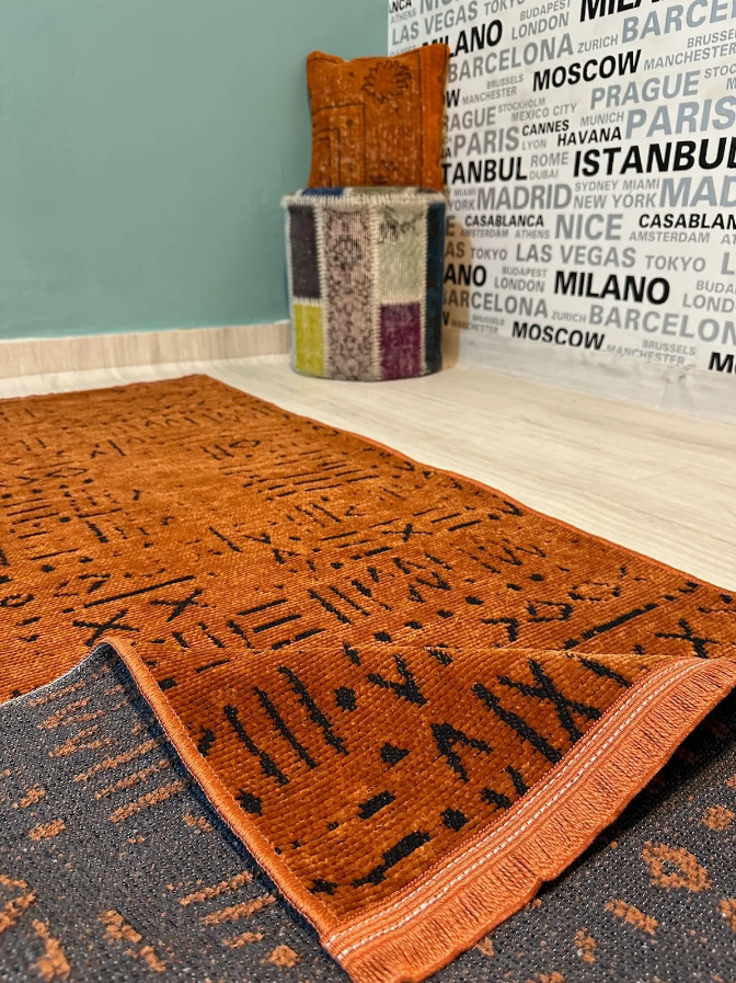 İSKANDİNAV DESEN MODERN Turuncu Şönil Kilim