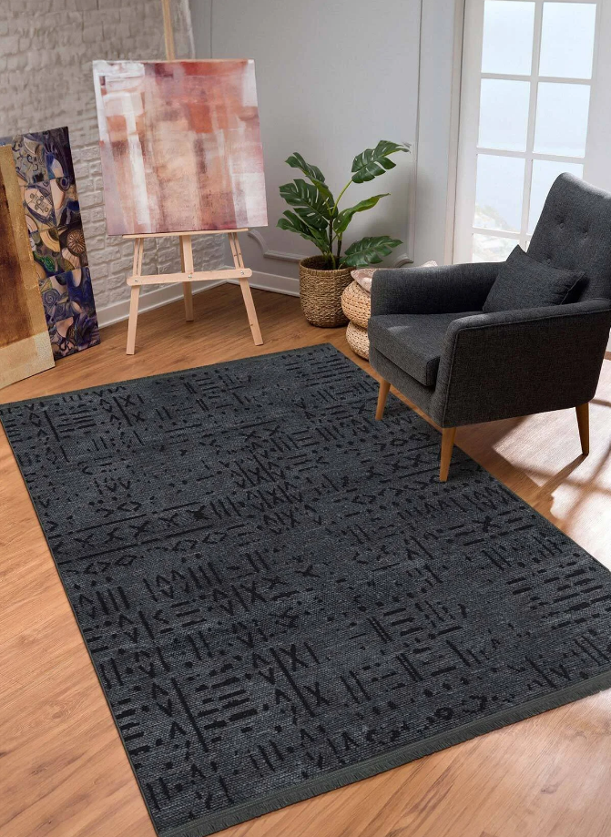 İSKANDİNAV DESEN YIKANABİLİR ANTRASİT ŞÖNİL KİLİM
